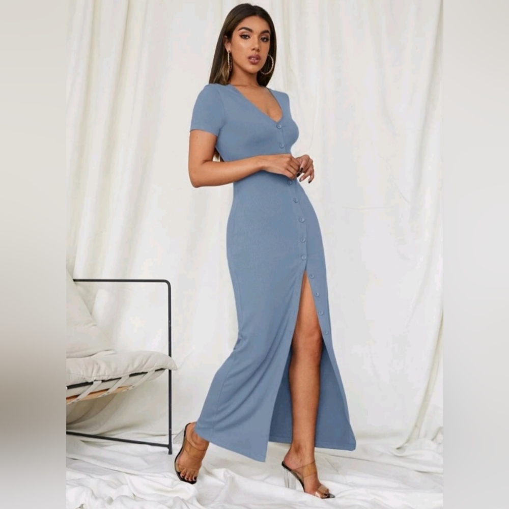Baby Blue Front Button Maxi Dress